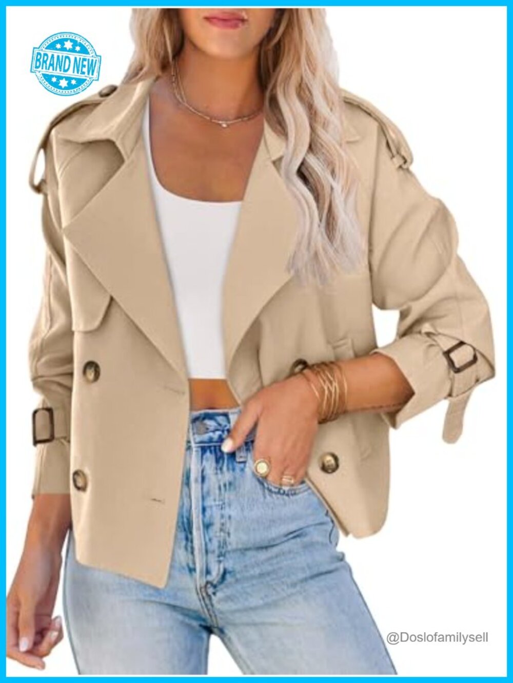 Women's Crop Double Breasted Trench Coat Button Down Lapel Jacket